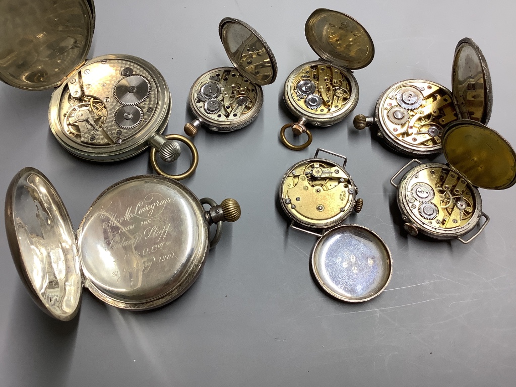 Two pocket watches including a 935 standard hunter, three white metal fob watches and two wrist watches.